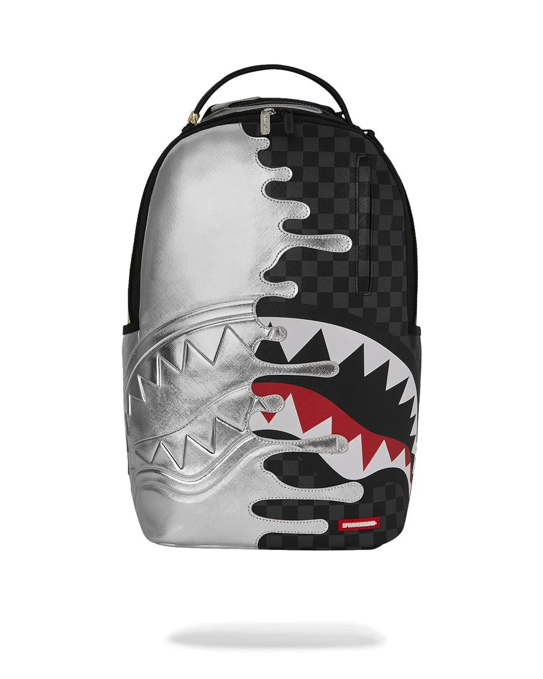 Backpack with shark mouth design and checkered pattern on a white background