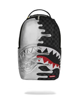 Backpack with shark mouth design and checkered pattern on a white background