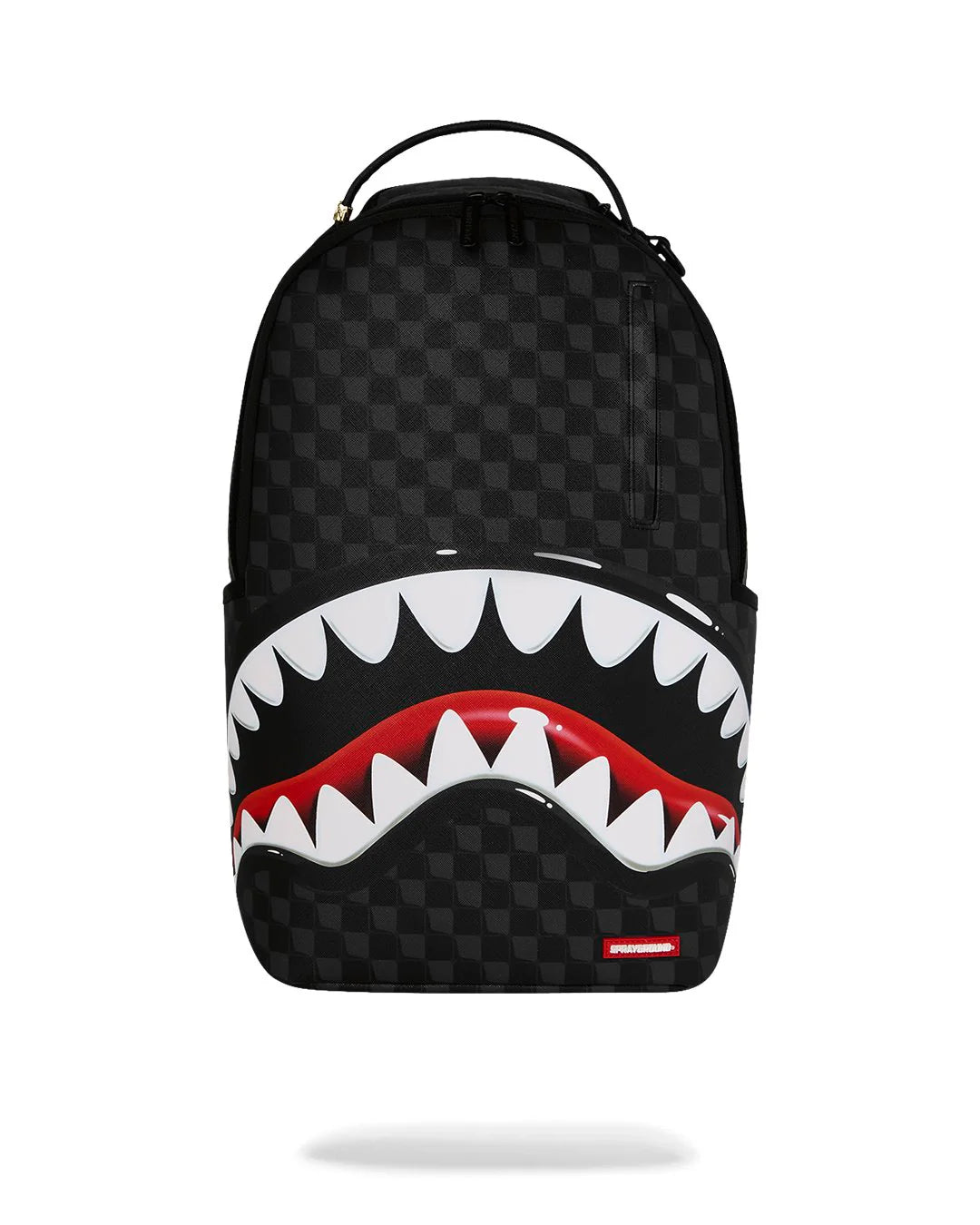 Black checkered backpack with shark mouth design on a white background