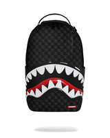 Black checkered backpack with shark mouth design on a white background