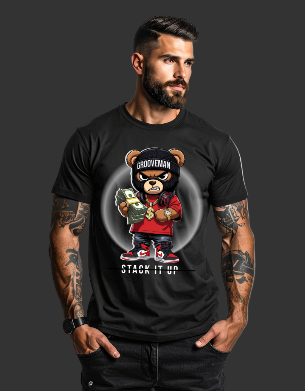 Man wearing a black t-shirt with a graphic design of a bear holding money and text.