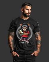 Man wearing a black t-shirt with a graphic design of a bear holding money and text.
