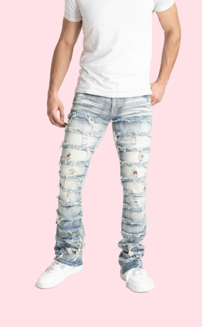 Stretch Stacked Jeans with Frayed Patch Inseam 44