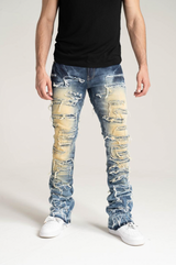 Stretch Stacked Indigo Vintage Jeans with Frayed Patch Inseam 38