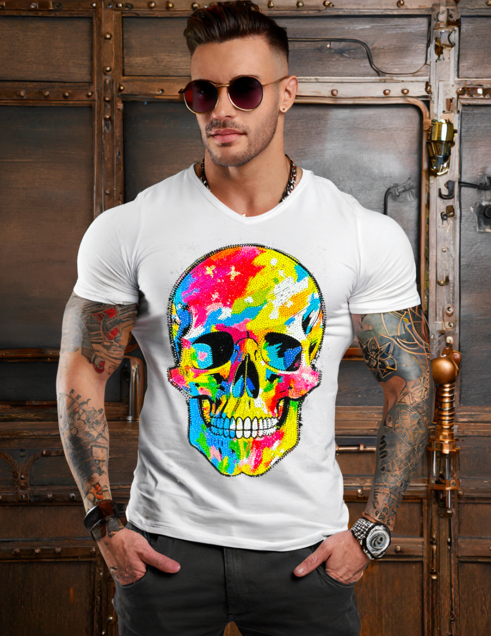 Rhinestones T Shirt Skull Colorful Exclusive | Grooveman Music