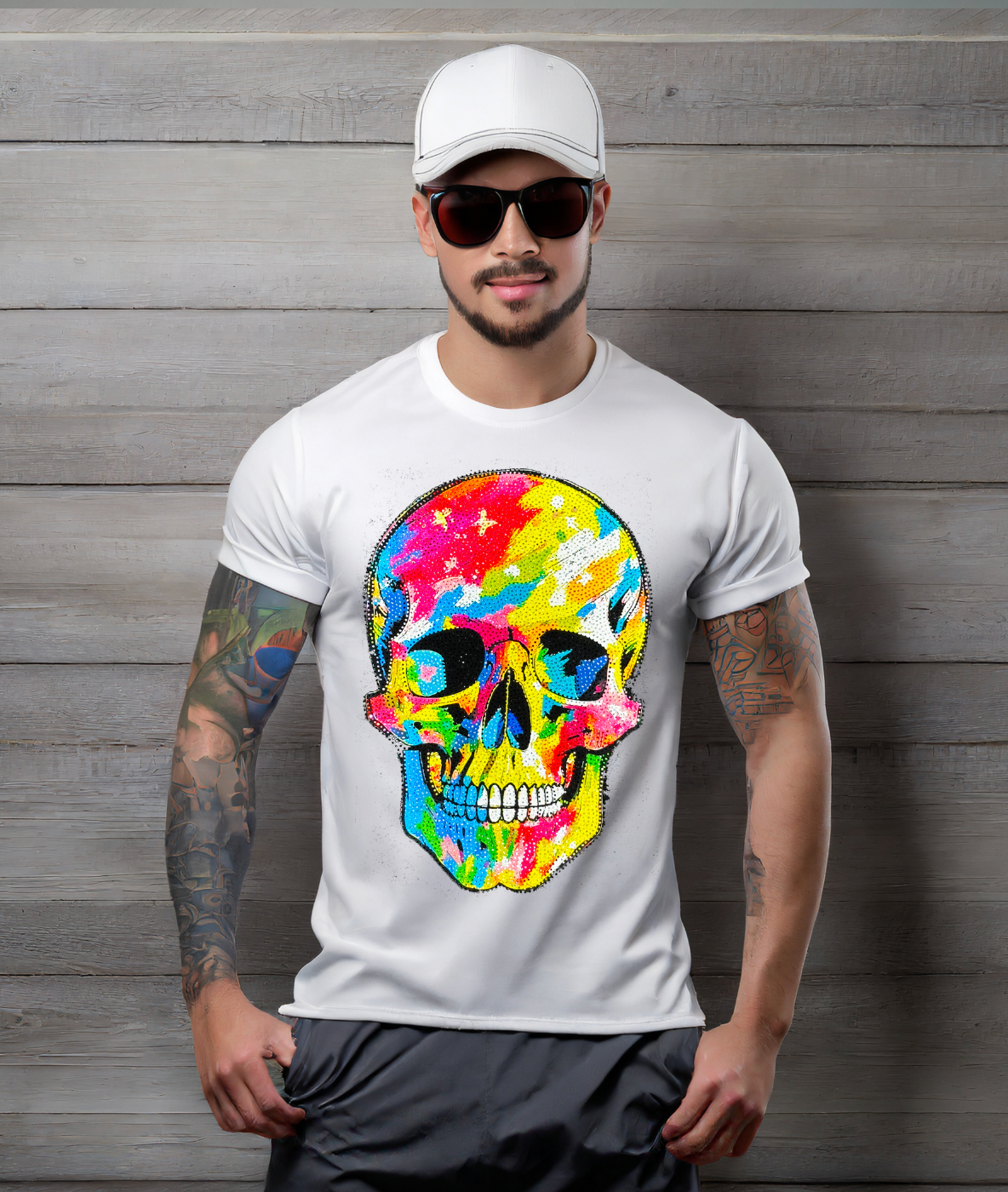 Rhinestones T Shirt Skull Colorful Exclusive | Grooveman Music