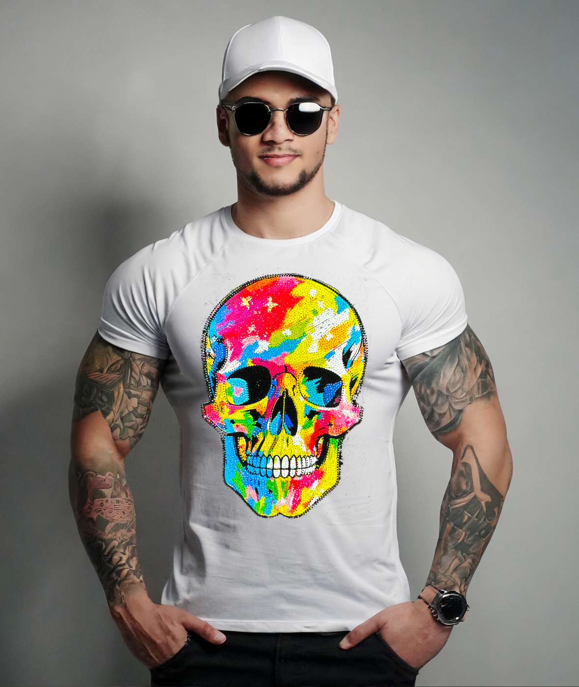 Rhinestones T Shirt Skull Colorful Exclusive | Grooveman Music