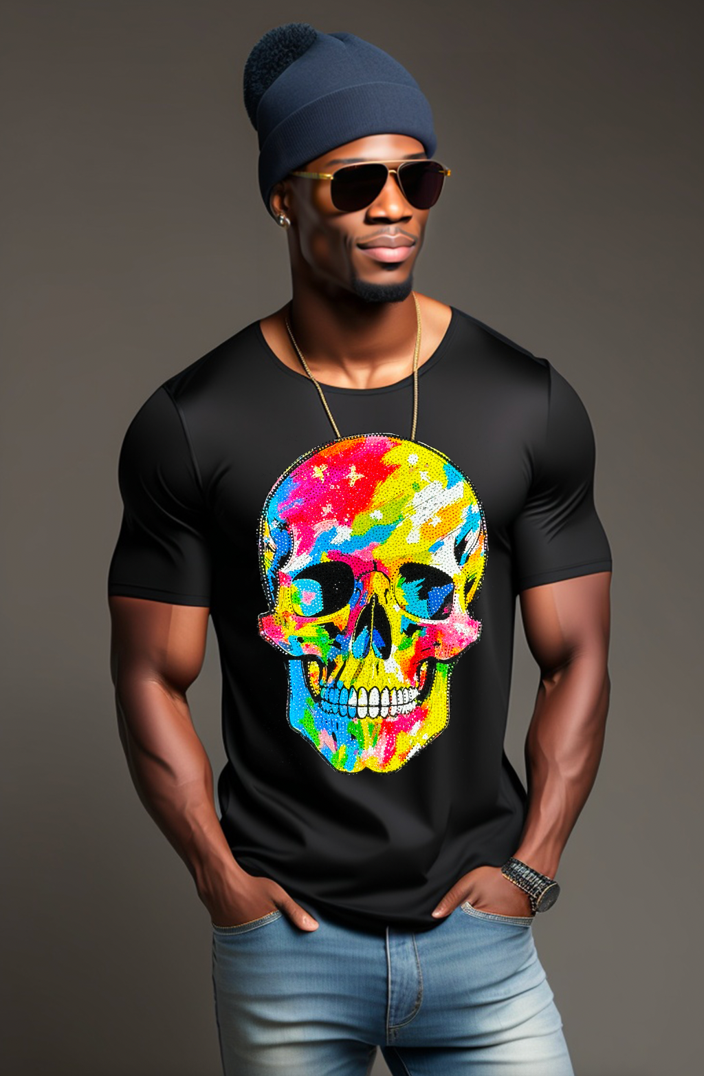 Rhinestones T Shirt Skull Colorful Exclusive | Grooveman Music