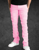 Stretch Stacked Pink Jeans with Frayed Patch Inseam 38