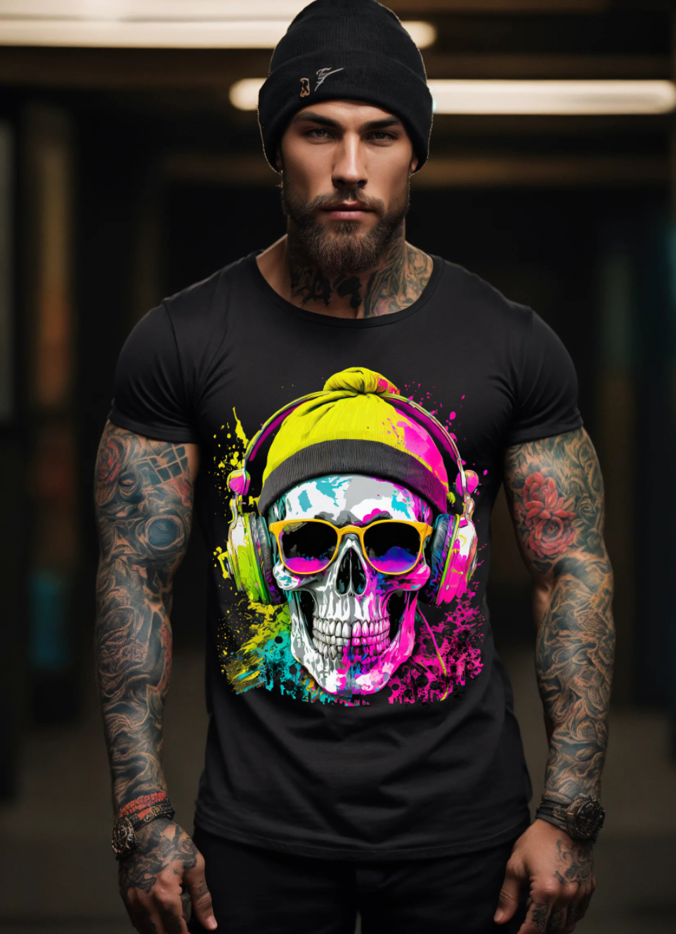 Skull Beanie Neon Yellow Pink Art Exclusive T-Shirts | Grooveman Music