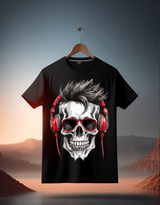 Skull Black and White Red Headphones Art Exclusive T-Shirts | Grooveman Music