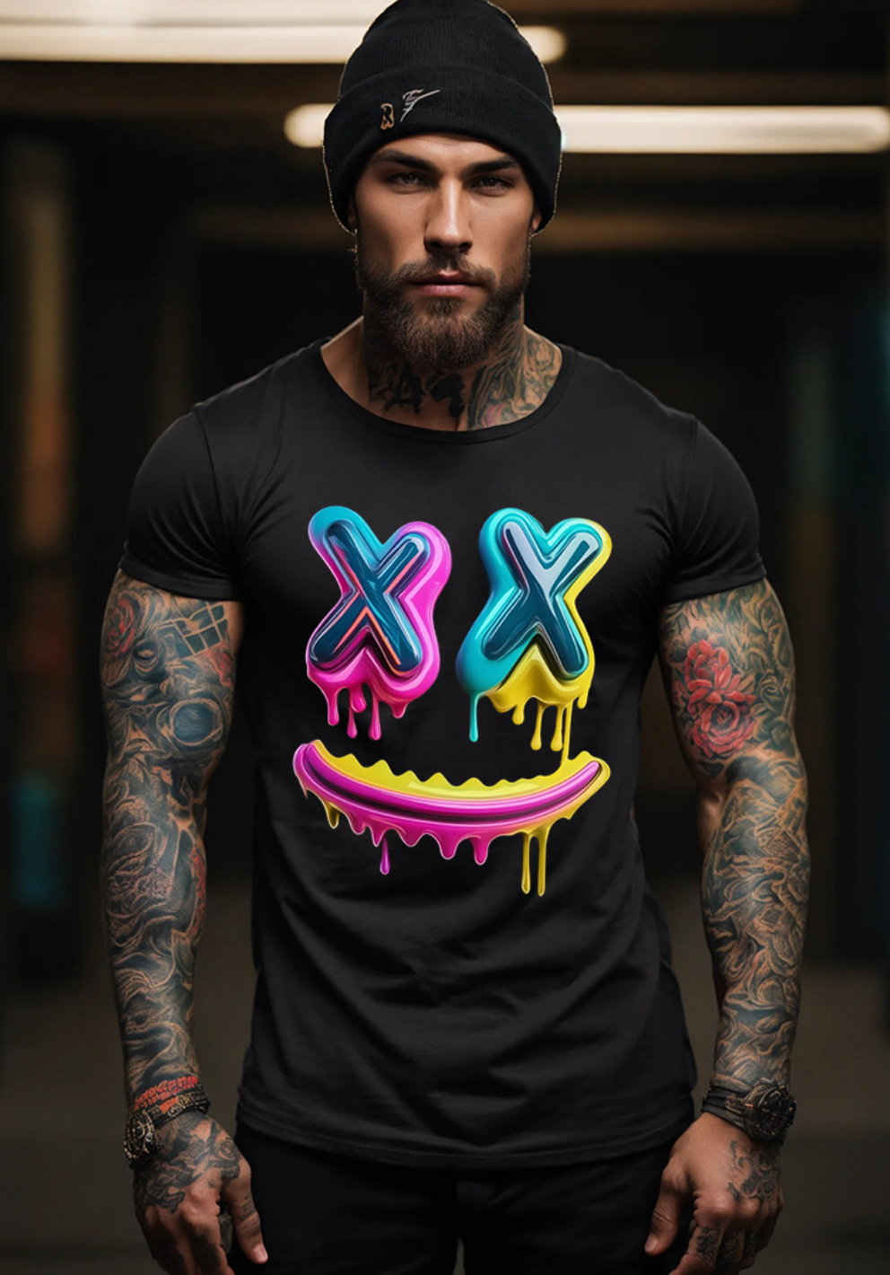 Happy Face Neon Pink Art Exclusive T-Shirts | Grooveman Music