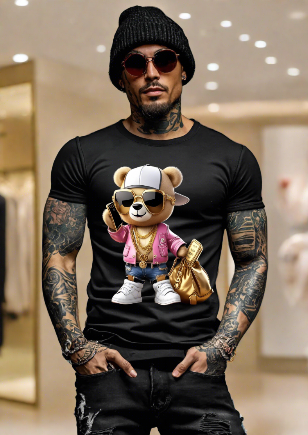 Teddy with Phone Pink Jacket Art Exclusive T-Shirts | Grooveman Music