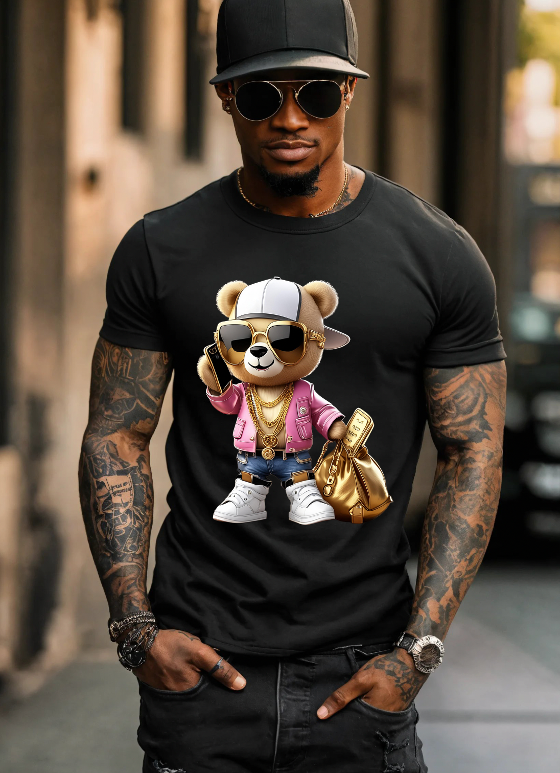 Teddy with Phone Pink Jacket Art Exclusive T-Shirts | Grooveman Music - Grooveman Music