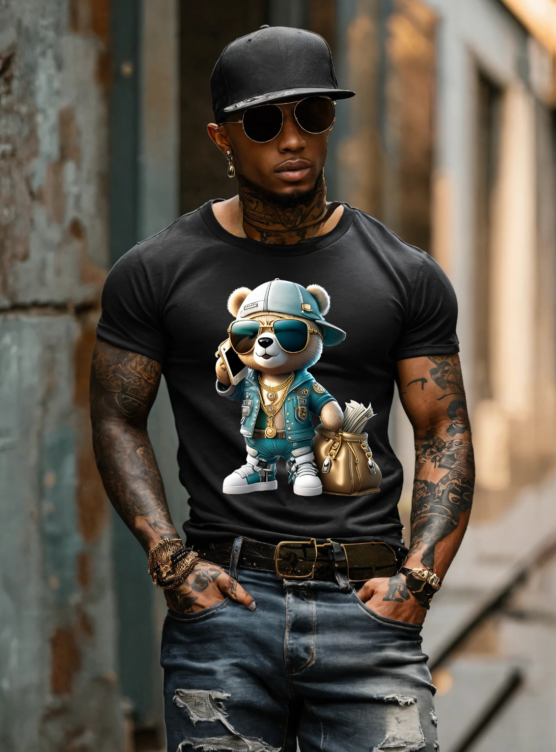 Teddy with Phone Teal Jacket Art Exclusive T-Shirts | Grooveman Music - Grooveman Music