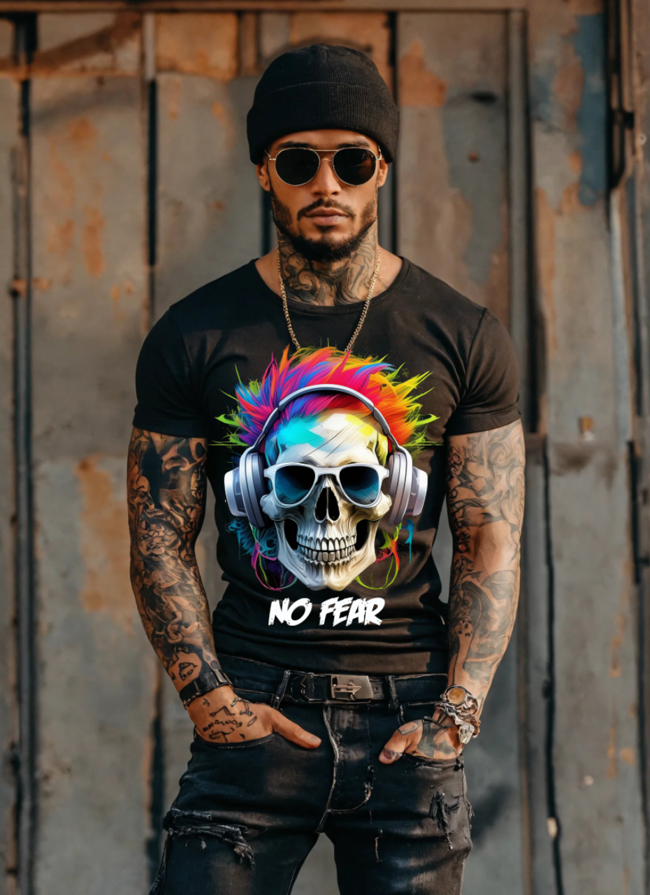 "No Fear' Skull Art T-Shirt - Unique and Exclusive Design | Grooveman Music TM" - Grooveman Music