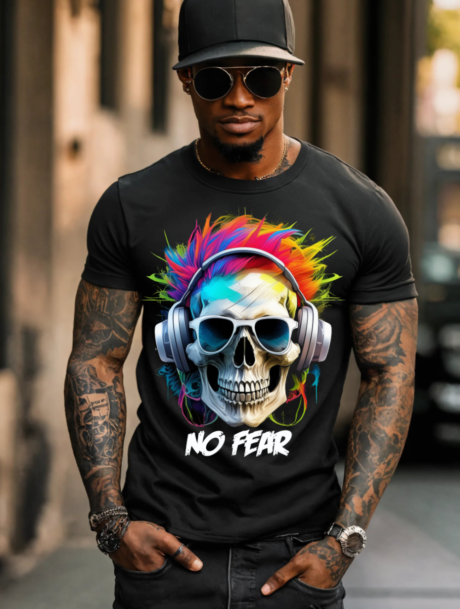 "No Fear' Skull Art T-Shirt - Unique and Exclusive Design | Grooveman Music TM" - Grooveman Music