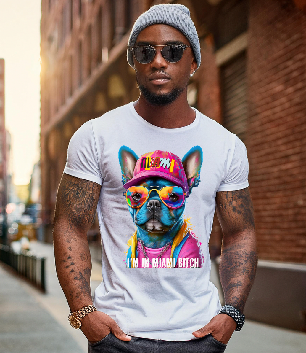 Frenchie Pink Miami Art White Collection T-Shirt - Unique and Exclusive Design | Grooveman Music TM - Grooveman Music