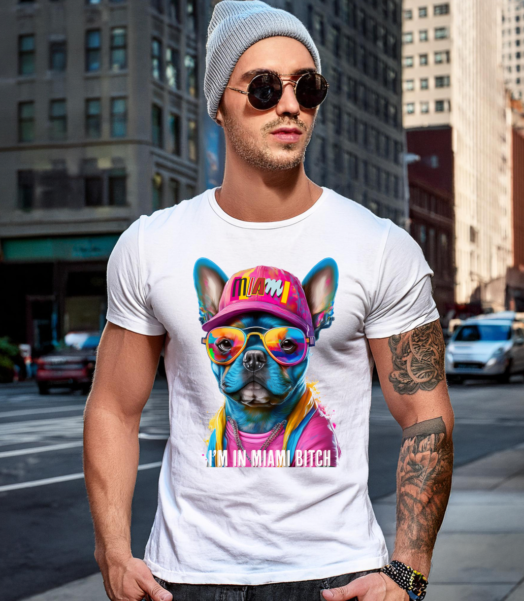 Frenchie Pink Miami Art White Collection T-Shirt - Unique and Exclusive Design | Grooveman Music TM - Grooveman Music