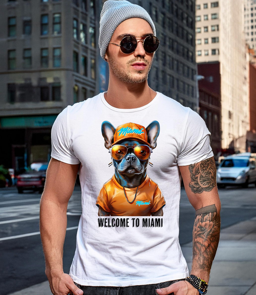 Frenchie Orange Miami Art White Collection T-Shirt - Unique and Exclusive Design | Grooveman Music TM - Grooveman Music