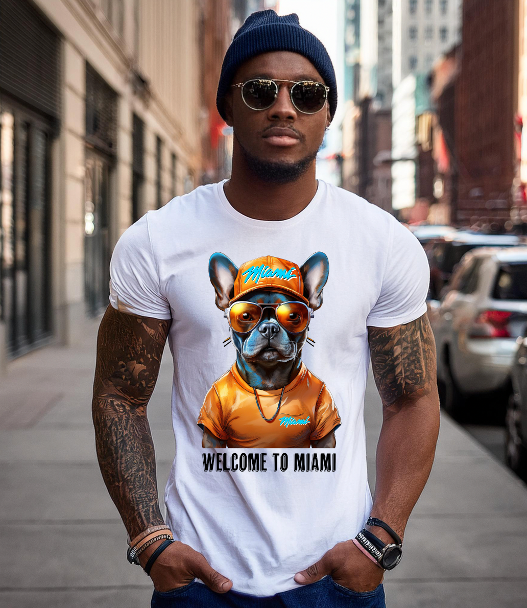 Frenchie Orange Miami Art White Collection T-Shirt - Unique and Exclusive Design | Grooveman Music TM - Grooveman Music