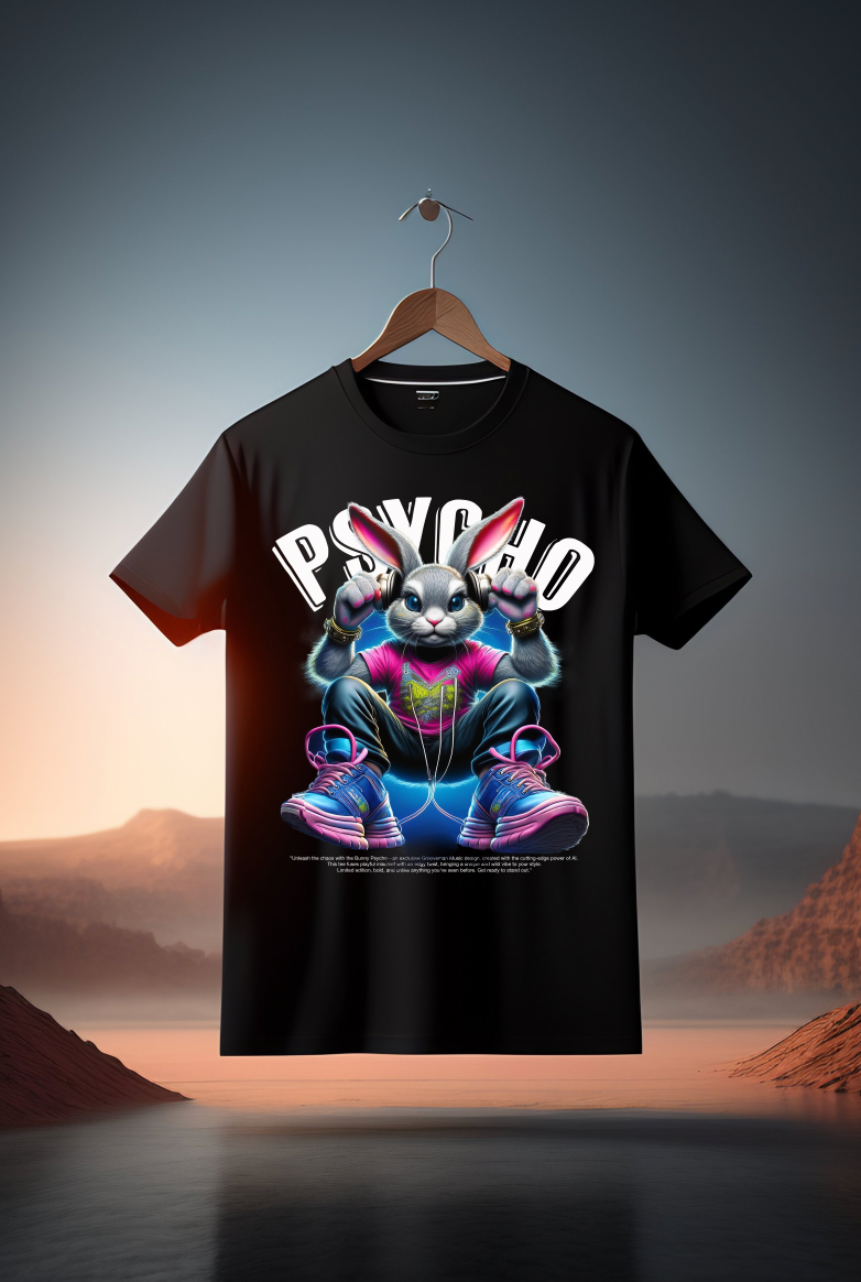 Bunny Psycho Art T-Shirt - Unique and Exclusive Design | Grooveman Music TM" - Grooveman Music