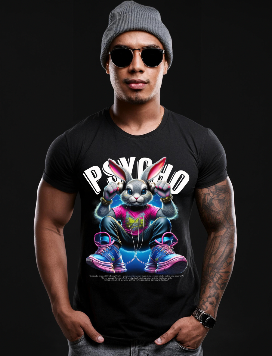 Bunny Psycho Art T-Shirt - Unique and Exclusive Design | Grooveman Music TM" - Grooveman Music