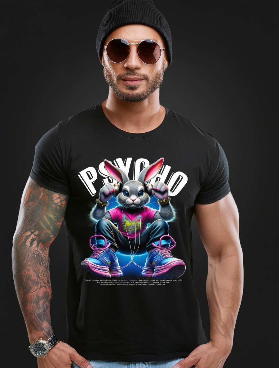 Bunny Psycho Art T-Shirt - Unique and Exclusive Design | Grooveman Music TM" - Grooveman Music