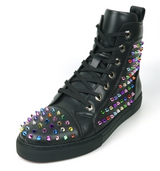 Black Leather Multi Color Spikes High Top Snekaer Encore by Fiesso - Grooveman Music