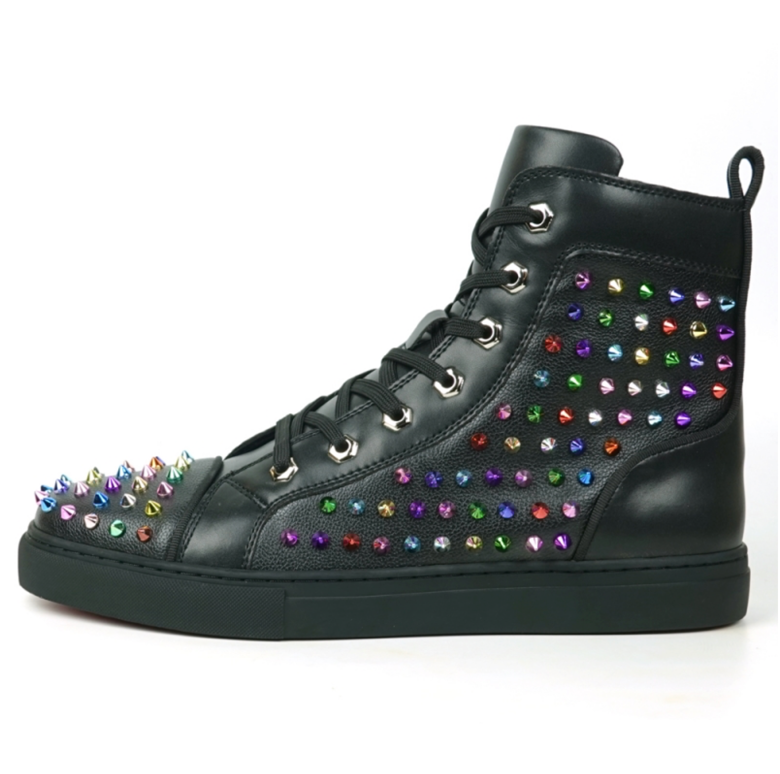 Black Leather Multi Color Spikes High Top Snekaer Encore by Fiesso - Grooveman Music