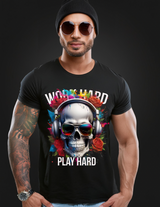 Skull Work Hard Red Roses Art T-Shirts | GM TM