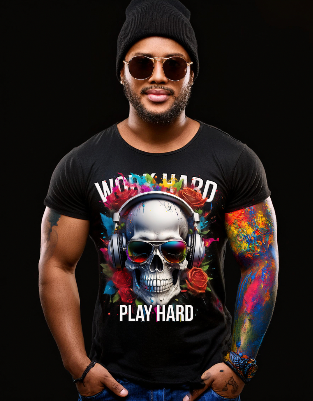 Skull Work Hard Red Roses Art T-Shirts | GM TM