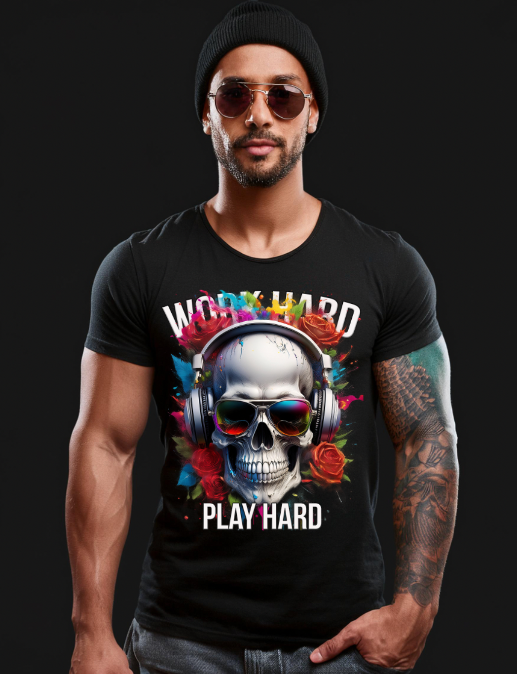 Skull Work Hard Red Roses Art T-Shirts | GM TM