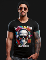 Skull Work Hard Red Roses Art T-Shirts | GM TM