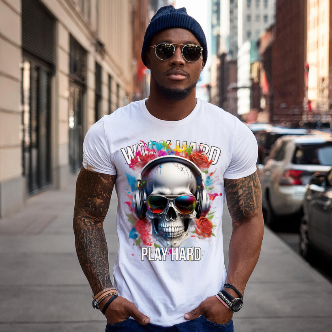 Skull Work Hard Red Roses Art T-Shirts | GM TM