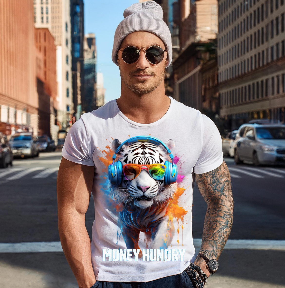 Tiger White Money Hungry Art T-Shirts | GM Trademark