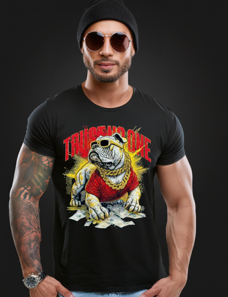 Rhinestones T Shirt Bulldog Trust No One Exclusive | Grooveman Music TM