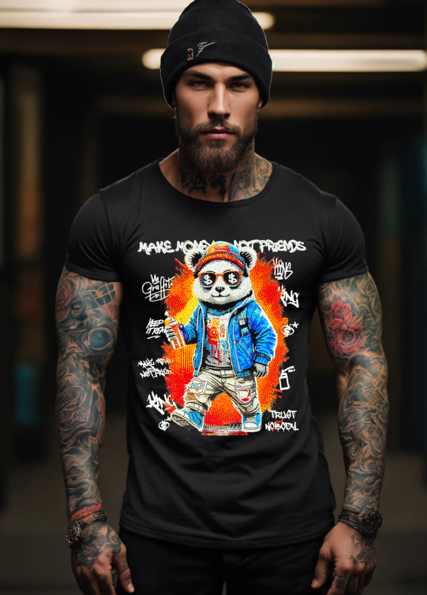 Rhinestones T Shirt Panda Make Money Exclusive | Grooveman Music TM