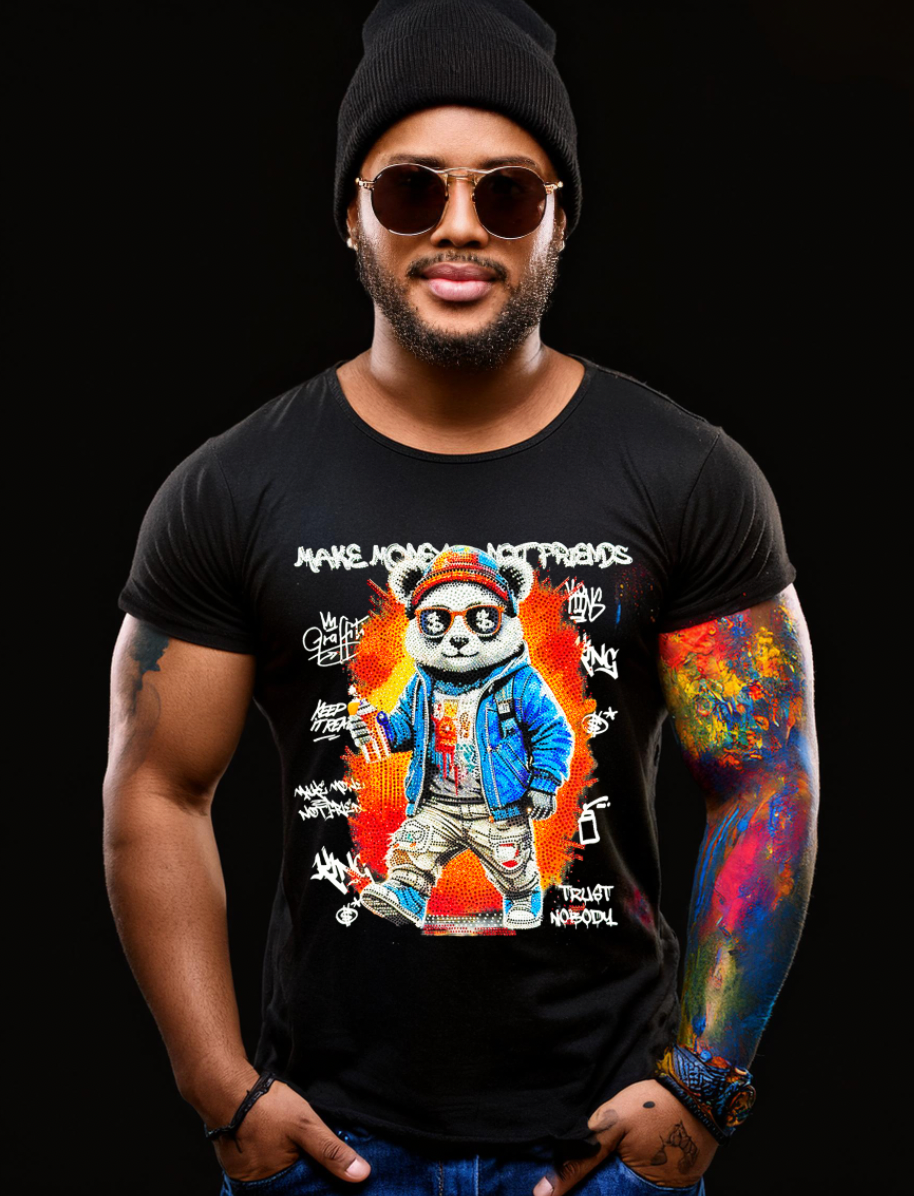 Rhinestones T Shirt Panda Make Money Exclusive | Grooveman Music TM