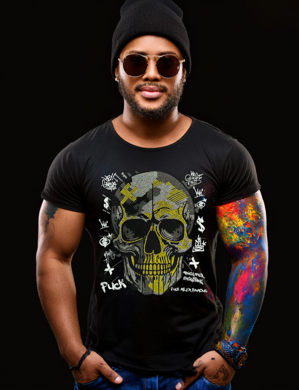 Rhinestones T Shirt Skull Black Gold Exclusive | Grooveman Music TM