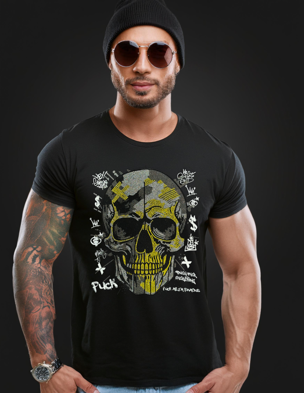 Rhinestones T Shirt Skull Black Gold Exclusive | Grooveman Music TM