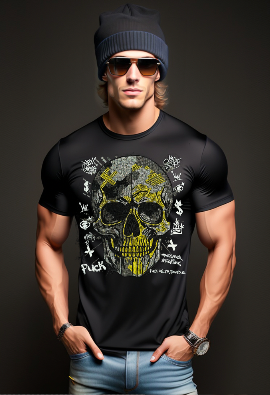 Rhinestones T Shirt Skull Black Gold Exclusive | Grooveman Music TM