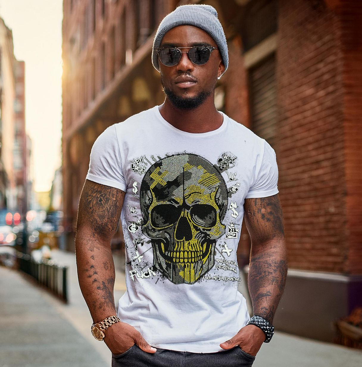 Rhinestones T Shirt Skull Black Gold Exclusive | Grooveman Music TM