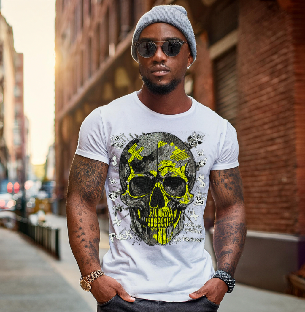 Rhinestones T Shirt Skull Black Neon Yellow Exclusive | Grooveman Music TM