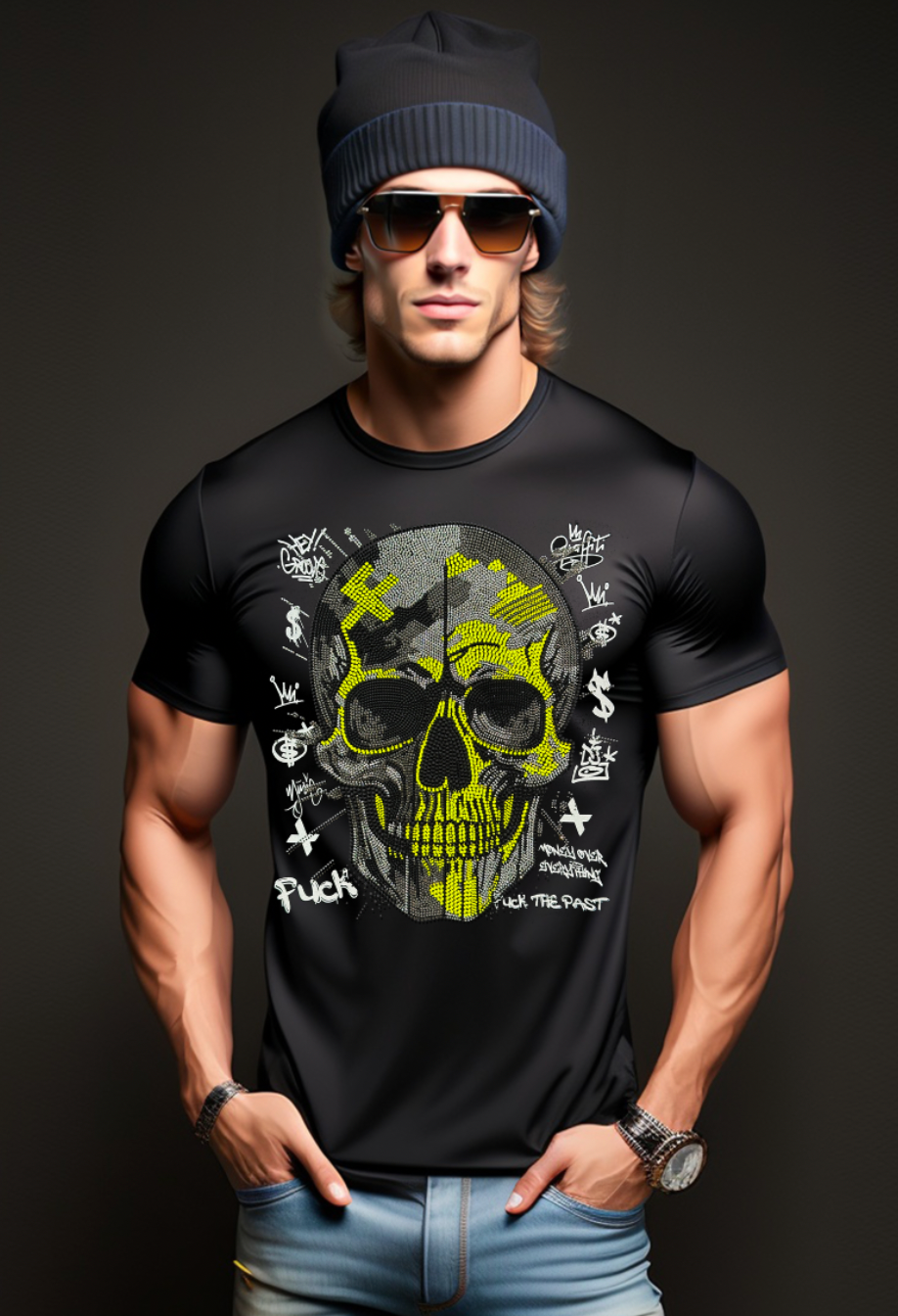 Rhinestones T Shirt Skull Black Neon Yellow Exclusive | Grooveman Music TM