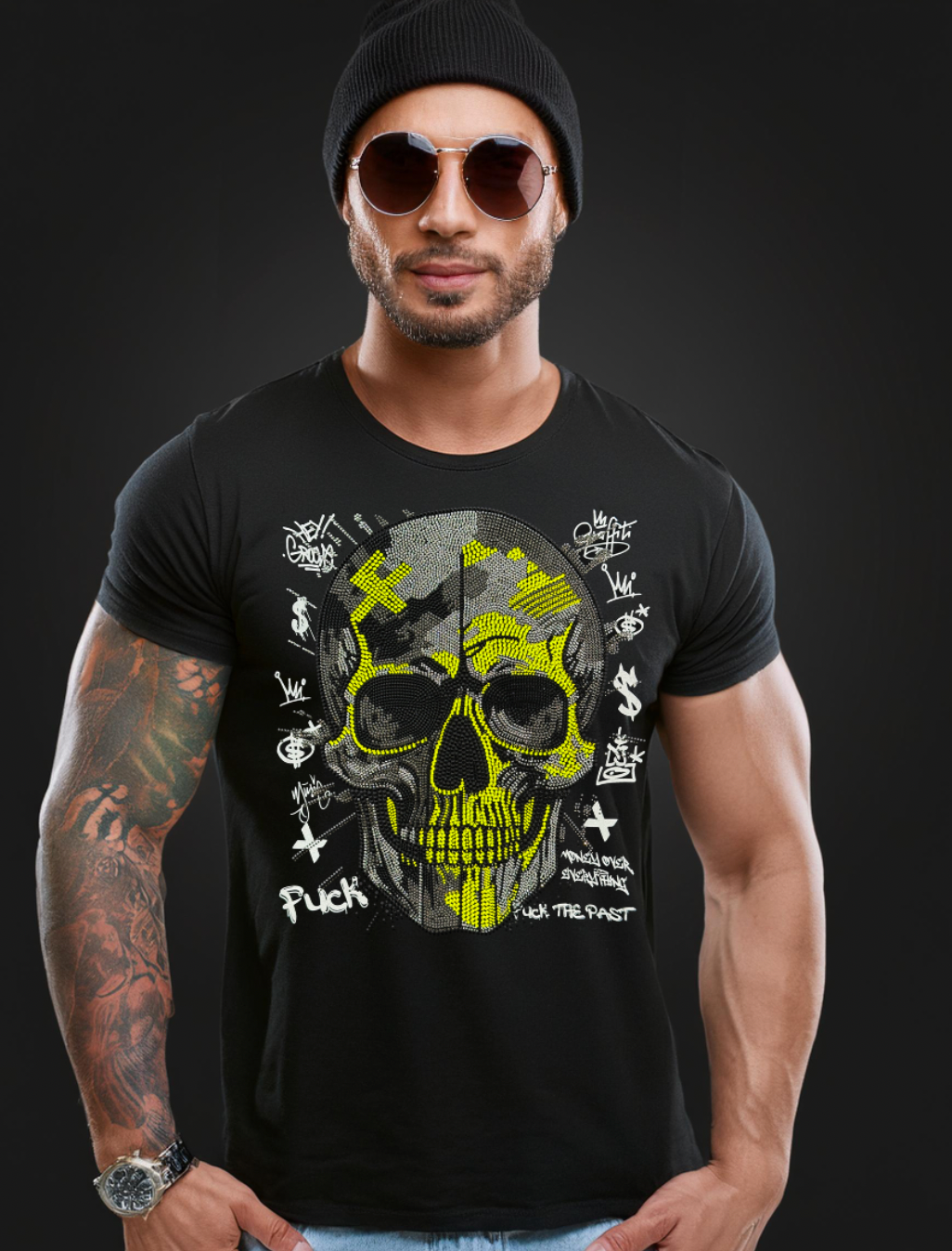 Rhinestones T Shirt Skull Black Neon Yellow Exclusive | Grooveman Music TM