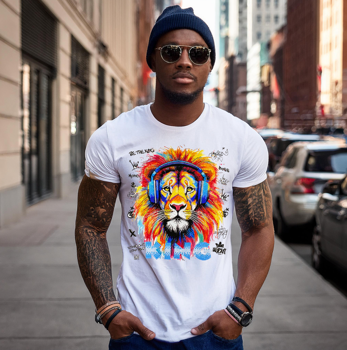 Rhinestones T Shirt Lion Colorful Exclusive | Grooveman Music Trademark