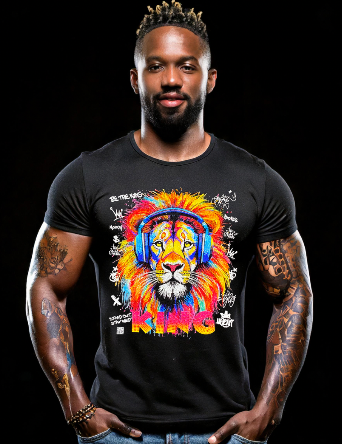 Rhinestones T Shirt Lion Colorful Exclusive | Grooveman Music Trademark