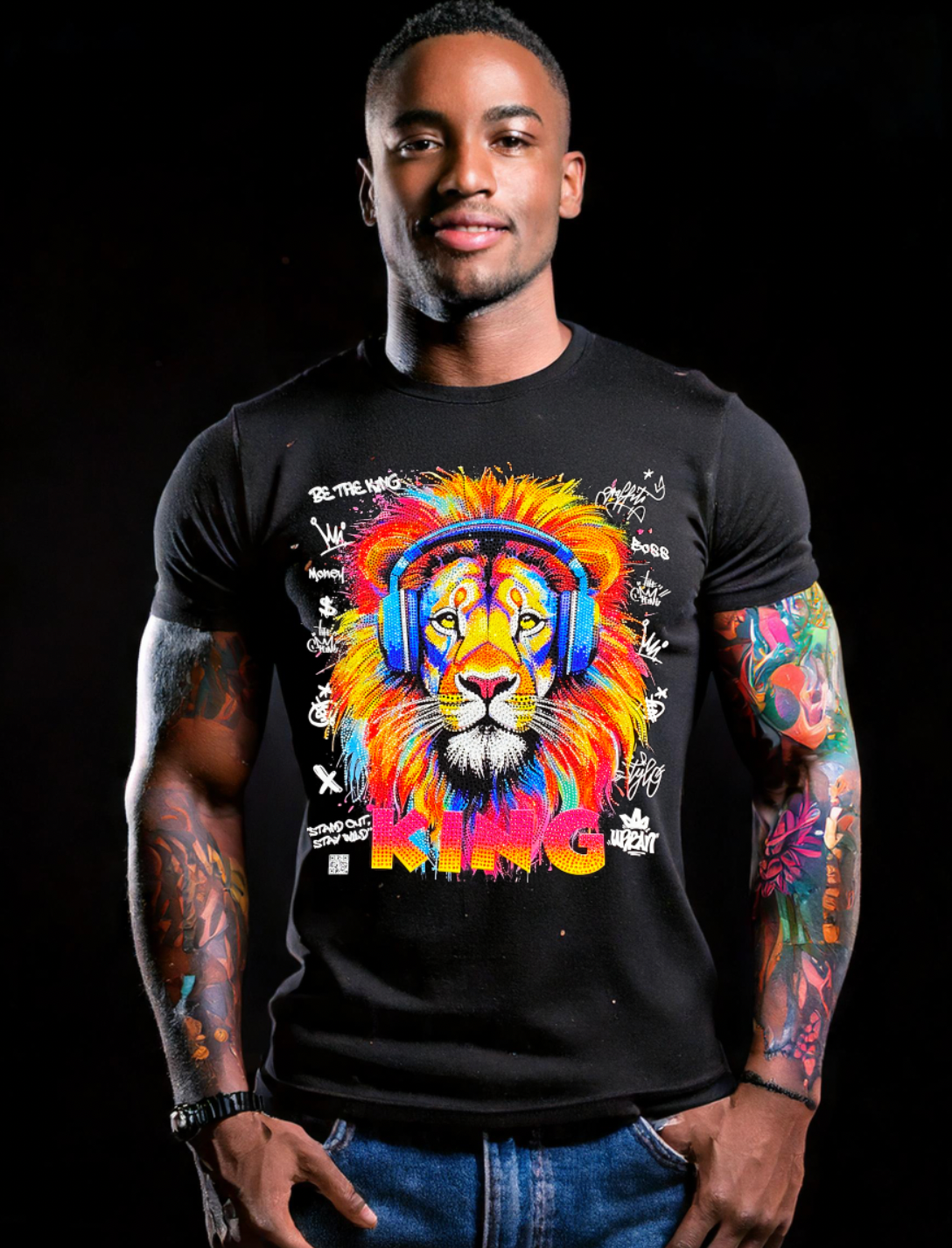 Rhinestones T Shirt Lion Colorful Exclusive | Grooveman Music Trademark