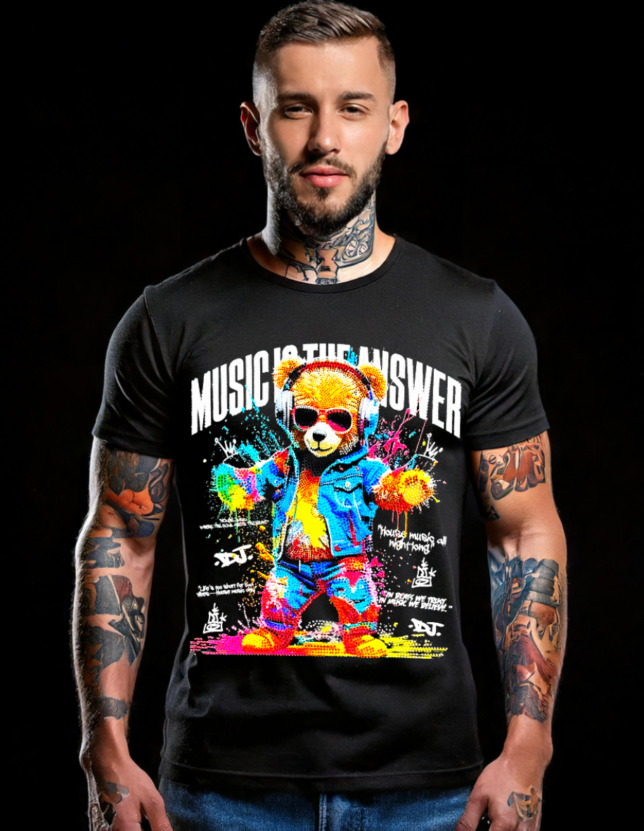 Rhinestones T Shirt Teddy Music is the Answer Exclusive |GM Trademark